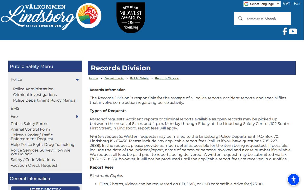 Lindsborg Police records division for arrest record requests