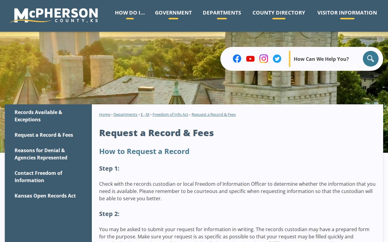 McPherson County booking record request and fee instructions