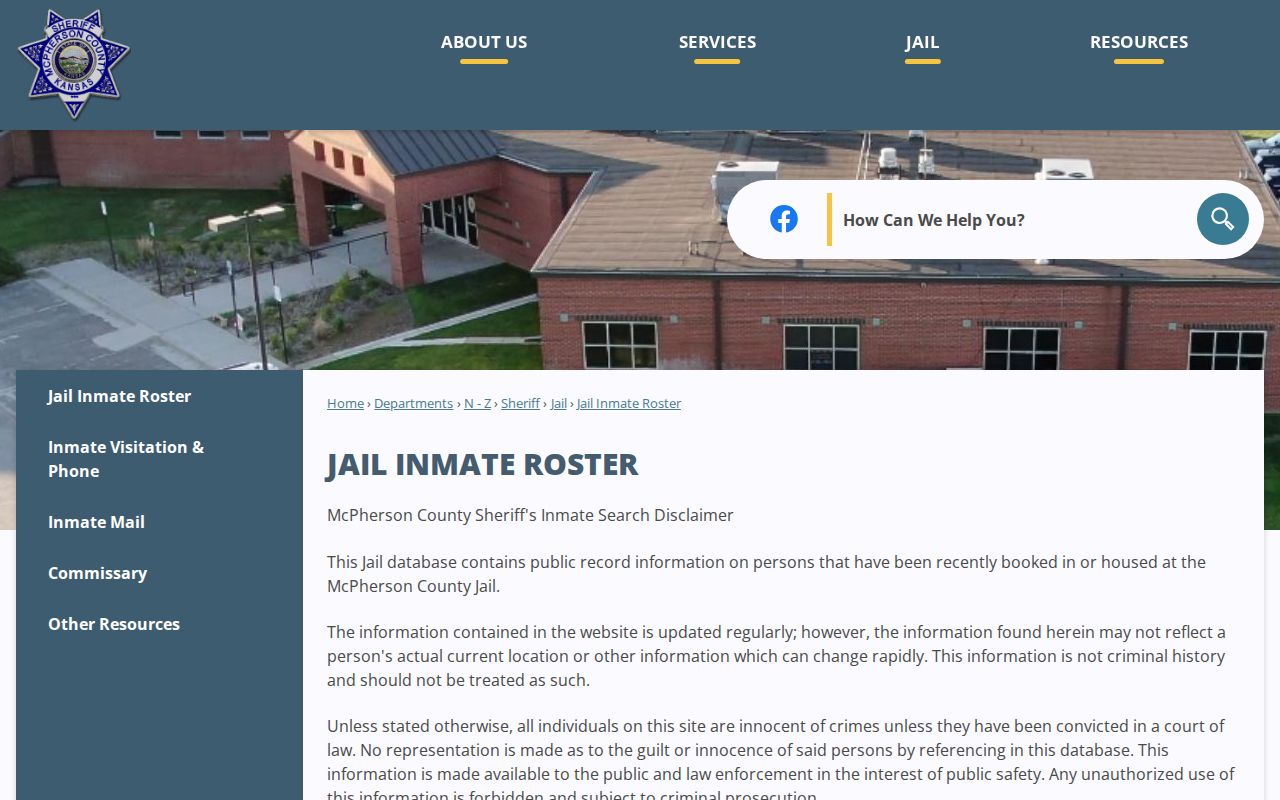 McPherson County jail roster disclaimer for recent booking records
